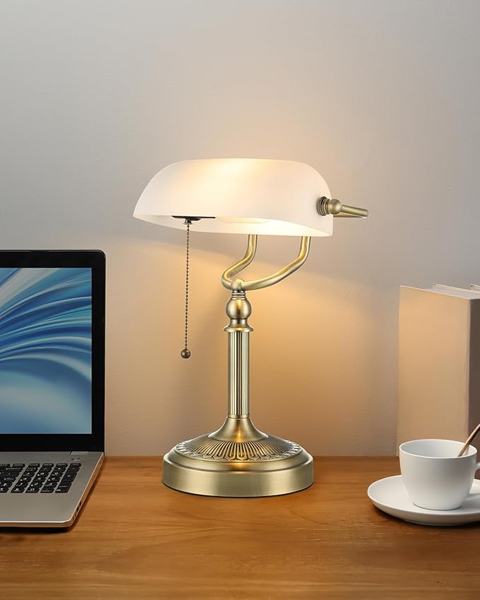Glass Bankers Desk Lamp with Pull Chain Switch Plug in Fixture (Matted White +Green Bronze Base, Classic)