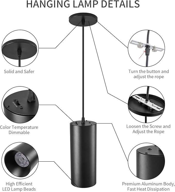 4" Pendant Lights Kitchen Island, 25W Cylinder Hanging Lights with Dipswitch, Modern Eye Care Led Pendant Lamp fixtures for Bedroom, Living Room, Office (Black, 2 Pcs)