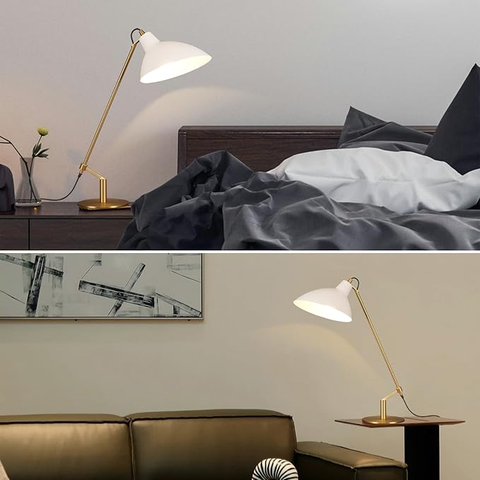 Desk Lamp Modern Industrial 100% Metal Adjustable Table Lamp 24", Natural Light (4000K) with Dimmer, Ideal for Office Bedroom Study Room Living Room Nightstand Bedside Lamps White+Brass
