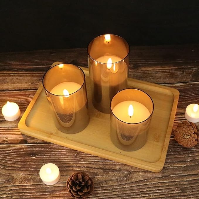 GenSwin Rechargeable LED Flameless Flickering Glass Candles with Remote Timer, Battery Operated Pillar Candles Long Lasting Grey Real Wax USB (D 3”×H 4”5”6”)