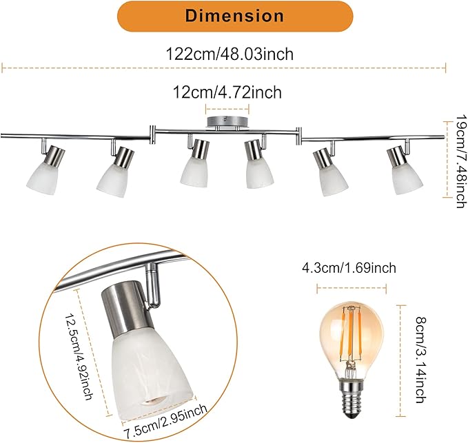 HiBay Ceiling Track Lighting 6-Light, Adjustable Modern LED Spot Light Fixtures with Glass Shade, Directional Spotlight for Kitchen Living Room Bedroom Hallway, Incl. 6X 4W E12 Bulbs