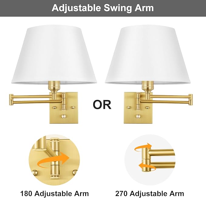 TRLIFE Dimmable Wall Sconce Plug in, Brushed Brass Wall Sconces Set of 2 Swing Arm Wall Lights with Plug in Cord and Dimmer On/Off Knob Switch, 11.8" Large White Fabric Shade(2 LED Bulbs Included)