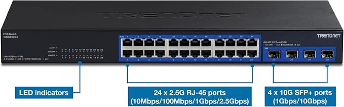 TRENDnet 28-Port Multi-Gig Switch, TEG-S50284, 24 2.5Gb RJ45 Ports, 4 x 10G SFP+ Ports, NDAA TAA Compliant, Lifetime Protection, 200Gbps Switch Capacity, Rack Mount Ready, Black
