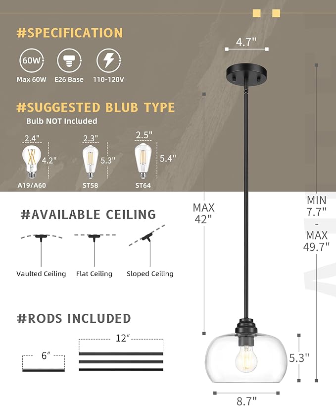 AUTELO 2 Pack Matte Black Pendant Lights, Kitchen Pendant Lights Over Island with Clear Drum Glass, Island Pendant Lights for Kitchen Dining Room Bar, H9385 BK-R-2PK
