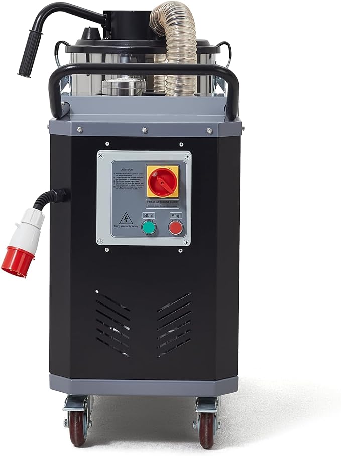 Industrial Wet/Dry Vacuum Cleaner with HEPA Filter, 24 Hour Operation, 7 Peak HP, 223.5 CFM, 14.5 Gallon Stainless Steel Tank, 220V 3-Phase — Ideal for Factories, Warehouses & Auto Shops