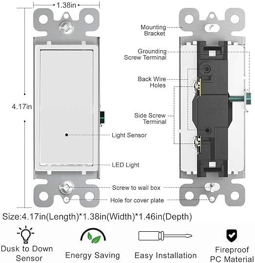 10 Pack SOZULAMP Light Switch with LED Night Light 15Amp 120/277Volt Rocker Single Pole Wall Switch, Automatic On/Off Sensor