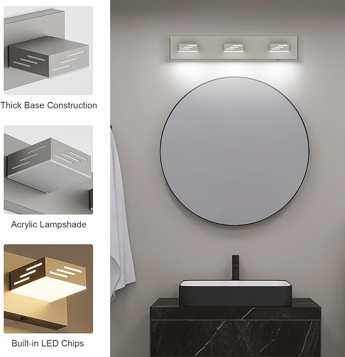 Joosenhouse 3-Light Brushed Nickel Bathroom Vanity Light, 23.6-Inch 5CCT Dimmable LED Vanity Lighting Fixture, 24W Modern Makeup Light with Adjustable Brightness