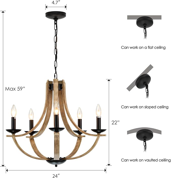 LAMPKEDUO Farmhouse Chandeliers for Dining Room Light Fixture, 5-Light 24 inch Faux Wood Texture Hanging Lighting Fixtures, Rustic Candle Chandeliers for Living Room Kitchen Island Foyer Entryway