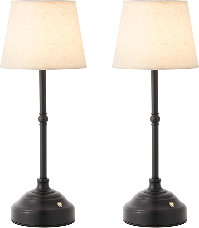 2 Pack Cordless Table Lamp, Rechargeable Desk Lamp with Fabric Shade, Battery Operated Lamp 3 Color Stepless Dimming, Small Touch Bedside Lamp Home Decor for Dining, Counter (Matte Black)