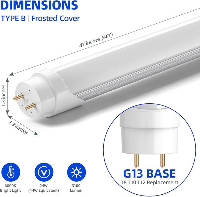 Barrina T8 LED Bulbs 4 Foot, Fluorescent Light Bulbs Replacement, 24W, 3200LM, 6000K Bright Light Ballast Bypass, Dual-End Powered, T8 T10 T12 LED Fluorescent Tube Replacement, Frosted Cover, 8 Packs