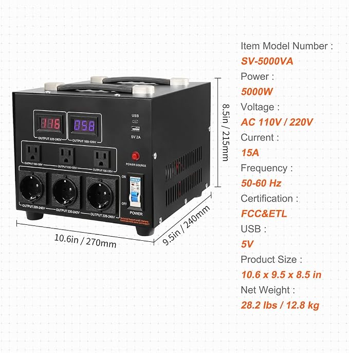 VEVOR Voltage Converter Transformer, 5000W, Heavy Duty Step Up/Down Transformer, Convert from 110 Volt to 220 Volt and from 220 Volt to 110 Volt, with US Outlet EU Outlet 5V USB Port, CE Certified
