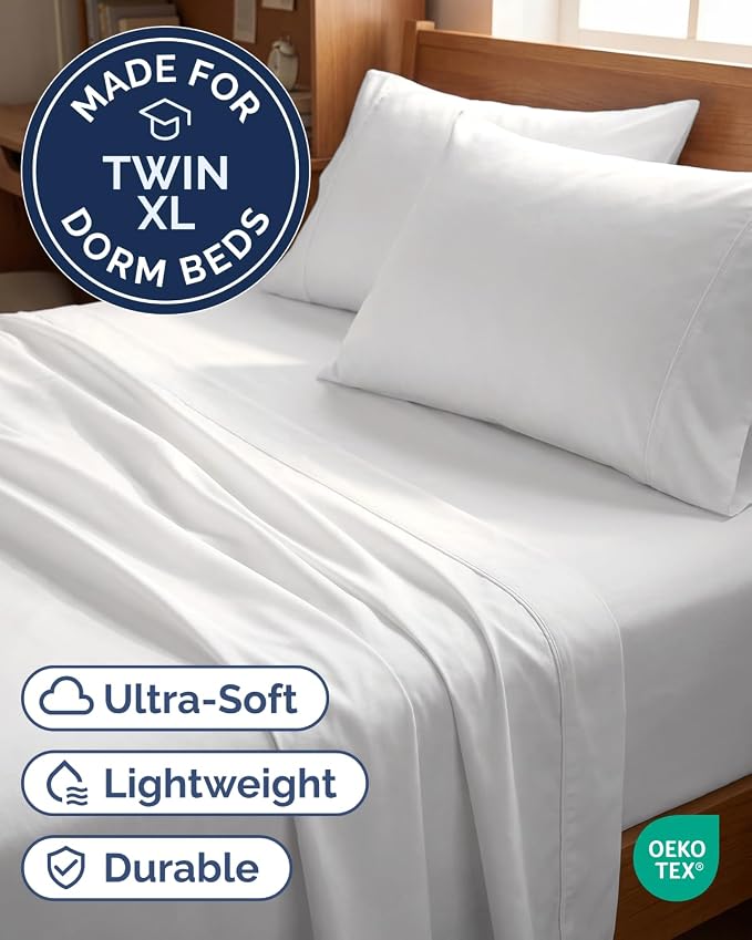 Twin XL 4 Piece Sheet Set - Comfy Breathable & Cooling - Ultra Soft Hotel Luxury Bedding Set w/ 8-16 Inch Deep Pockets - 1 Flat & 1 Fitted Sheet & 2 Pillowcases - Wrinkle Free and Easy Care - White