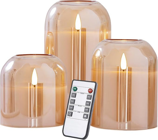 volnyus Gold Glass Flameless Candles with Remote Battery Operated Flickering LED Pillar Candles Real Wax 3D Wick Φ4 H 4" 5" 6"