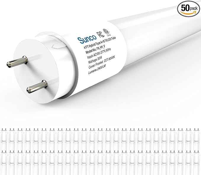 Sunco 50 Pack T8 LED Bulbs 4 Foot, 48 Inch Tube Light Bulbs Fluorescent Replacement, Single or Double Ended Hybrid Type A+B, 2400 LM, 20W, 6000K Daylight Deluxe, Frosted Lens ETL