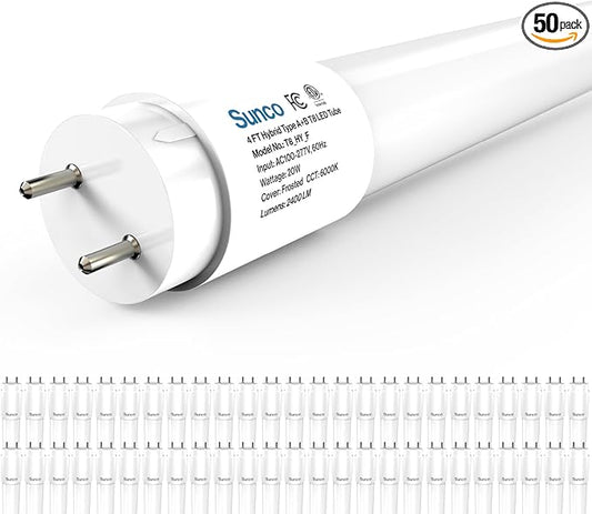 Sunco 50 Pack T8 LED Bulbs 4 Foot, 48 Inch Tube Light Bulbs Fluorescent Replacement, Single or Double Ended Hybrid Type A+B, 2400 LM, 20W, 6000K Daylight Deluxe, Frosted Lens ETL