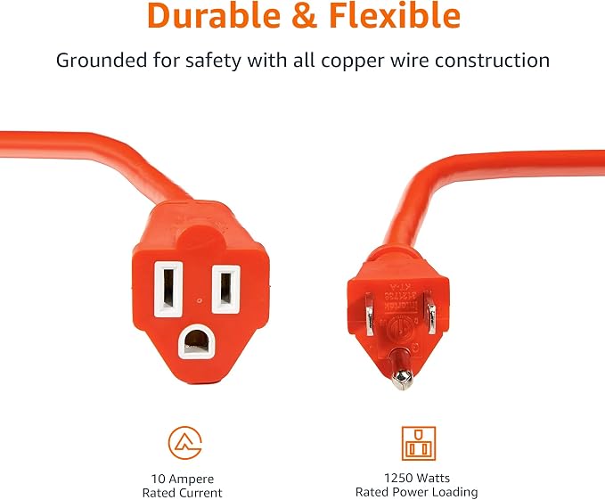 Amazon Basics 100 Foot 3-Prong Vinyl Indoor/Outdoor Extension Cord, Long Power Cord, Grounded Plug for Safety, Moisture Resistant, 10 Amps, 1250 Watts, 125 VAC, Orange