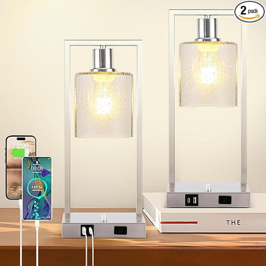 16" Desk Lamps for Home Office, Bedside Lamps with USB C+A Ports and Outlet, Nickel Fully Stepless Dimmable Industrial Table Lamps with Seeded Glass Shade for Reading Living Room, LED Bulbs Included