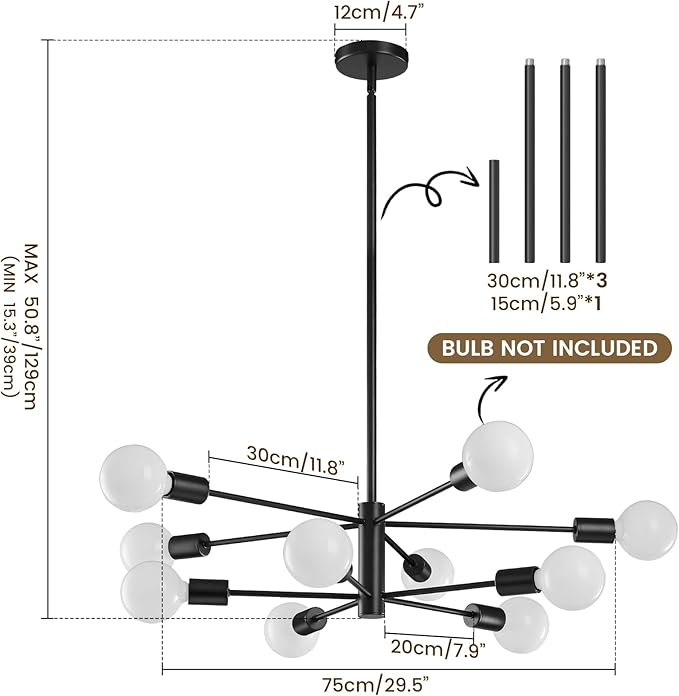 KAISITE Modern Chandelier Ceiling Light Fixture Sputnik Chandelier 10-Light Black Chandelier for Dining Room Over Table Height Adjustable Lighting Fixture Ceiling Hanging for Farmhouse Kitchen