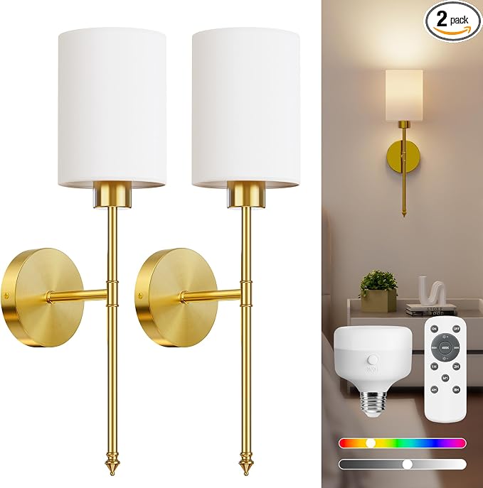 NIORSUN 20.67 inch Battery Operated Wall Sconce Set of 2, Gold Rechargeable Wall Lights with 10400mAh Dimmable Bulbs and Remote, 9 Colors Wireless Wall Lamps for Bedroom Living Room Hallway