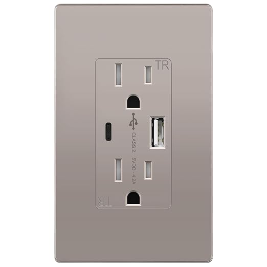 TOPGREENER USB Outlets, 15 Amp USB Receptacle with Type A & Type C Ports, 4.2A Tamper-Resistant USB Outlets Receptacles, Electrical Socket, UL Listed, Wall Plate Included, TU21536AC-NKWSI, Nickel