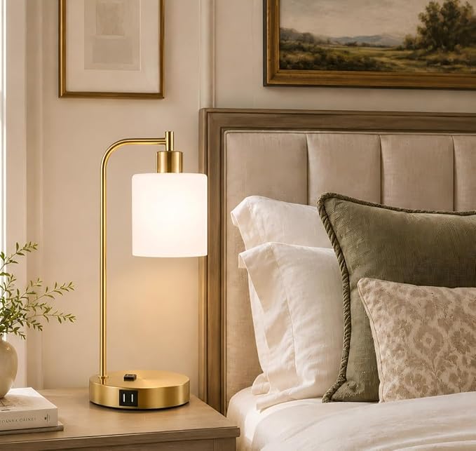 Set of 2 Industrial Touch Control Table Lamps with 2 USB Ports and AC Outlet - 3-Way Dimmable Gold Bedside Lamps Nightstand Desk Lamps for Bedroom Living Room, Opal Glass Shade & 2 LED Bulbs Included