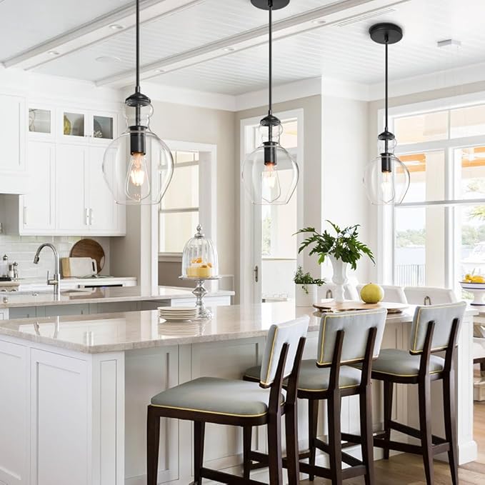 Modern Glass Pendant Lighting for Kitchen Island Kitchen Sink, Farmhouse Black Pendant Light Fixtures 7 Inch 1 Pack, Adjustable Hanging Ceiling Light Clear Glass Shades