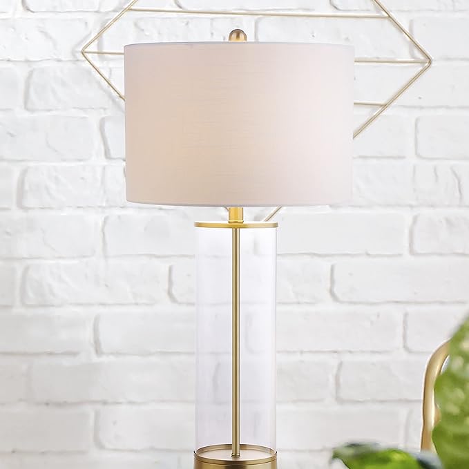 JONATHAN Y 29.25" Clear/Brass Gold Modern Glass Table Lamp for Living Room Bedroom, Minimalist Nightstand Bedside Lamp, White Linen Drum Shade, LED Bulb Included (JYL2005A)