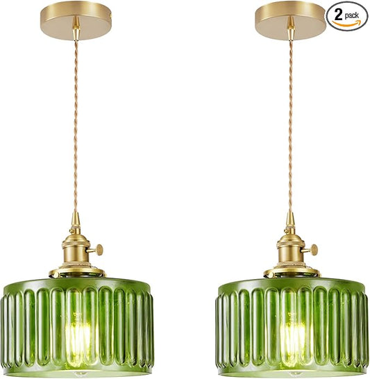WimiSom 2 Pack Industrial Pendant Lighting, Modern Green Glass Shade Farmhouse Adjustable Hanging Light Fixtures for Kitchen Island Living Room Bedroom Hallway, Green