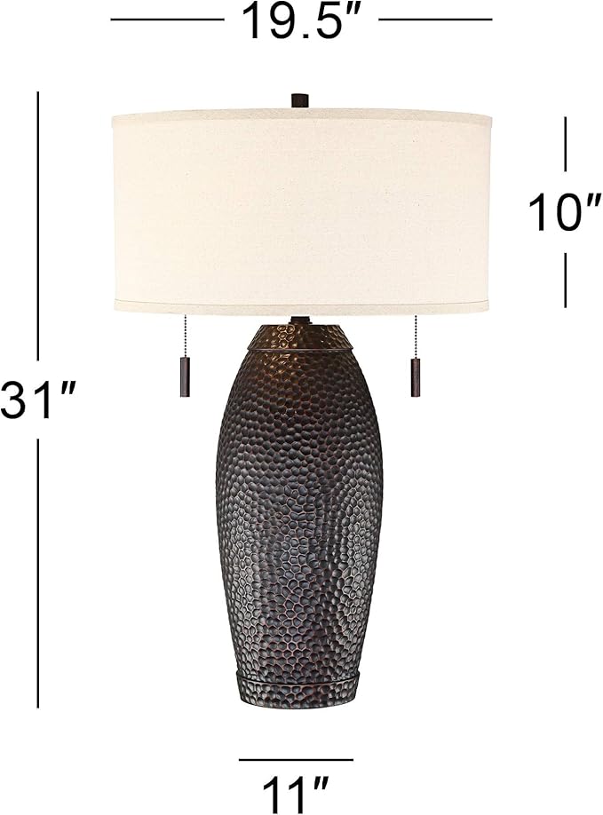 Franklin Iron Works Noah Rustic Farmhouse Industrial Vintage Table Lamp with Dimmer and USB Charging Port 31" Tall Bronze Oatmeal Drum Shade for Living Room Bedroom House Bedside Nightstand Home