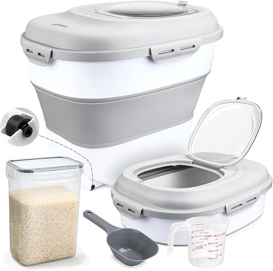 Komzon Rice Storage Bin Cereal Containers, 13-50lb Collapsible Rice Container Dispenser with Transparent Lid, Rolling Wheels, Measuring Cup and Scoop, Airtight Dog Cat Pet Food Storage Container White