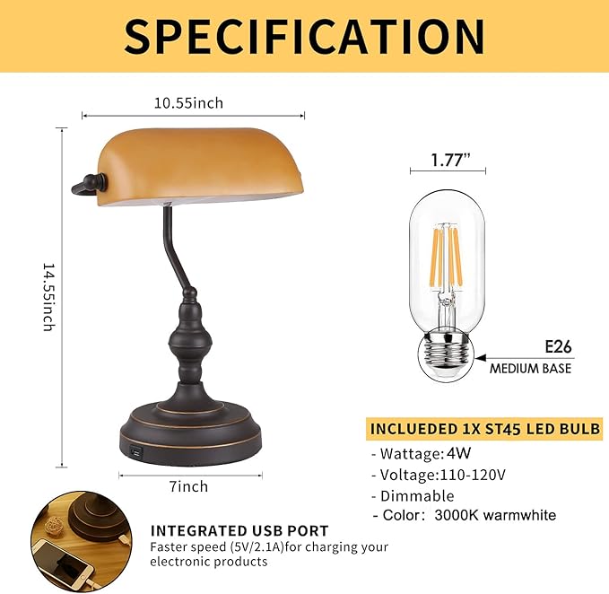 Banker Desk Lamp Touch Control, Vintage Banker's Desk Lamp with USB-A Port, 3 Way Dimmable Desk Lamps, Farmhouse Library Lamp Oil Rubbed Bronze for Office, Study Room