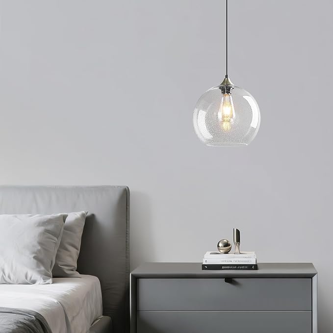 Mikeru Glass Globe Pendant Light Single, 7.87 Inch Clear Bubble Glass Hanging Lamp, Mid Century Modern Pendant Lighting for Kitchen Island Dining Room Bedroom (Bulb Not Included)