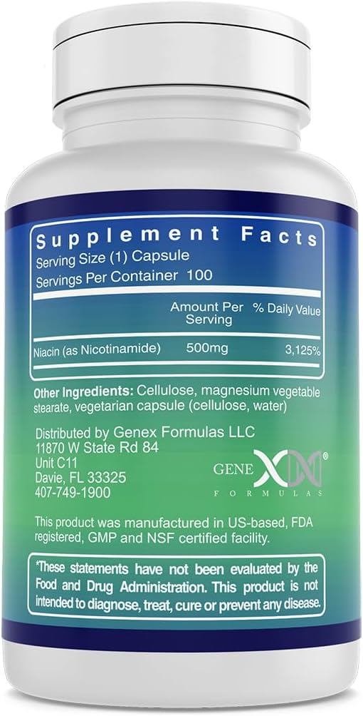 Genex Formulas Nicotinamide 500 mg (Lot de 3) Vitamine B3 Niacine Sans Rougeurs pour une Peau Saine – Complément de Niacinamide en Capsules pour la Production de Kératine, la Santé des Cellules Cutanées et l'Énergie (300 Capsules)