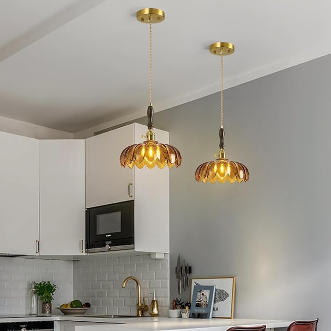 Modern Tawny Glass Pendant Light Retro Flower Glass Hanging Lamp Gold Brass Decorative Adjustable Ceiling Hanging Light Suitable for Kitchen Island Bedroom Dining Room Living Room