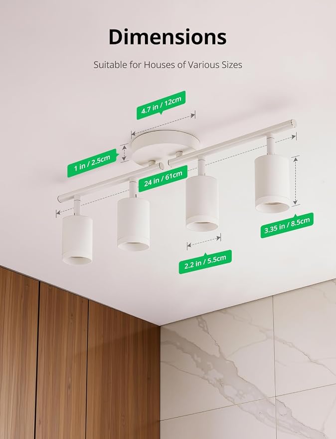 Bojim Track Lighting Fixtures Ceiling Mount for Kitchen, White 4 Way LED Spot Lights Indoor, Flexible Modern Track Light GU10 Socket for Studio, Bulbs Not Included