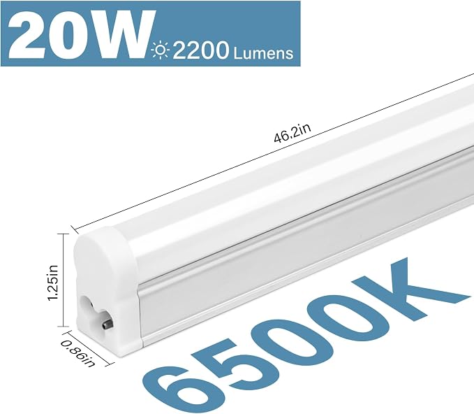 6 Pack LED T5 Integrated Single Fixture, 4FT, 2200lm, 6500K Super Bright White, 20W Utility LED Shop Light, Ceiling and Under Cabinet Light, Corded Electric with ON/Off