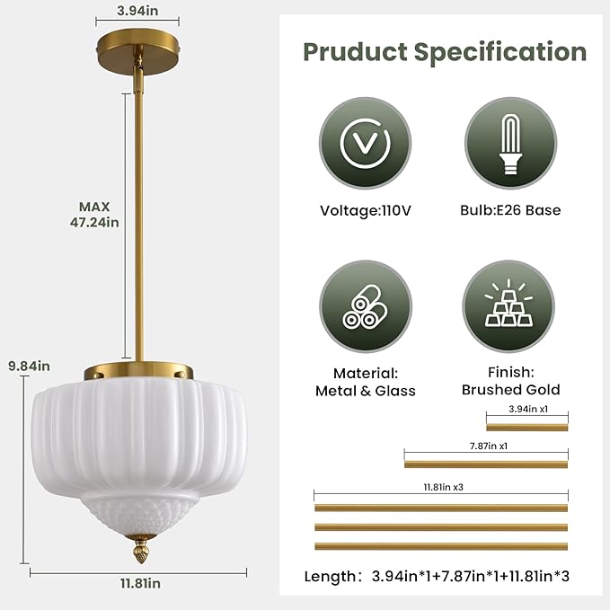 Glass Pendant Light, 13.78 inch Pendant Light Fixture with Milky White Floral Lightshade, Height Adjustable Brushed Gold Vintage Hanging Lamp for Dining Room Kitchen Island Bedroom Livingroom Entryway