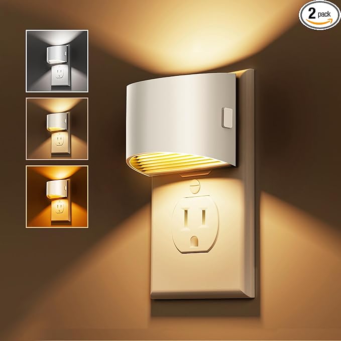 L LOHAS LED Night Lights Plug into Wall with 3CCT Adjustable (1600K/3000K/5000K), 1W Nightlight Plug in wall, Built in Dusk to Dawn Sensor, 2 Pack, White Housing