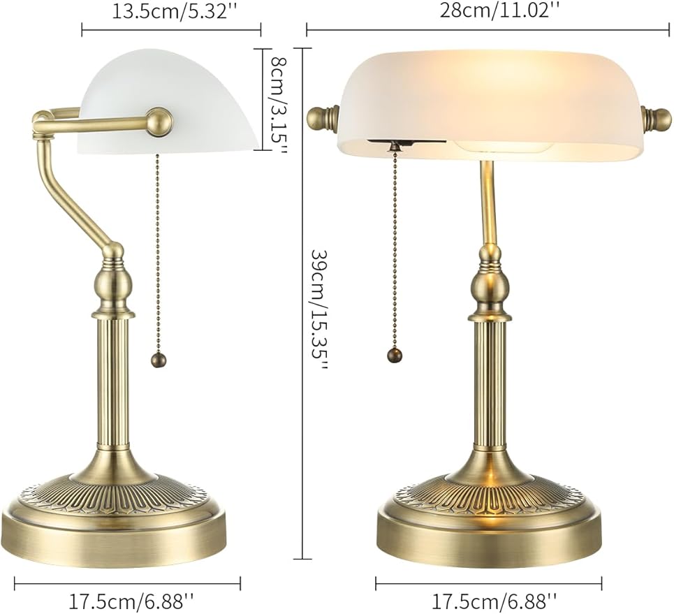 Traditional Glass Bankers Desk Lamp with Pull Chain Switch Plug in Fixture