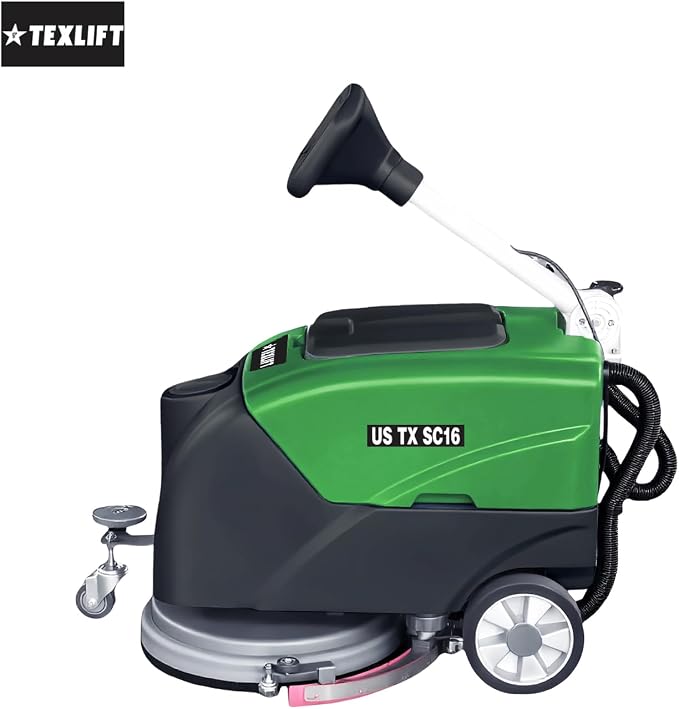 Walk-Behind Commercial Floor Scrubber Machine, 16″ Cleaning Width, Battery Powered Scrubber Dryer with 9 Gal Tank for Warehouse, Retail & Facility Cleaning (US-TX-SC16)