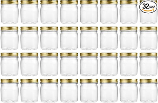 novelinks 8 oz Clear Plastic Jars with Airtight Lids, 32 Pack Plastic Mason Jars with Lids 8oz, Refillable Storage Slime Containers & Small Spice Jar for Kitchen Organization (32 Pack,Gold)