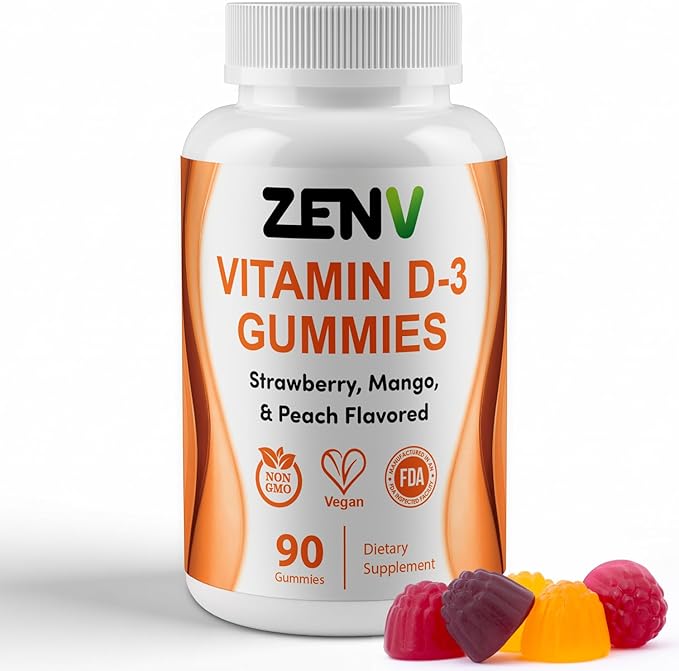 ZENV Vitamin D3 Gummies, Immune & Bone Support Dietary Supplement, Mixed Berry Mango & Peach Flavor, Non-GMO, Gluten Free, 90 Count