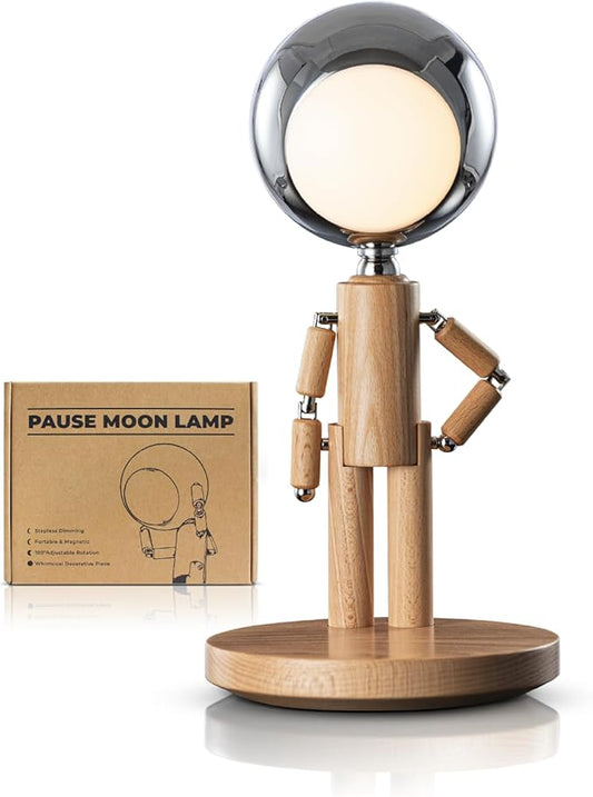 Rechargeable Cordless Desk Lamp, Creative Wooden Table Lamp with 3 Color &Stepless Dimming, Adjustable Pause Moon Lamp, Unique Decorative Desk Lamp for Bedroom, Nightstand, Office & Gift, Beech Wood