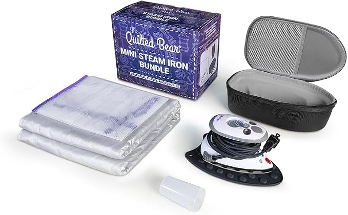 The Quilted Bear Mini Iron, Rest & Ironing Mat - Lightweight Mini Steam Iron with Hard Shell Travel Case, Rest & Ironing Mat - Travel Essentials for Wrinkle Free Clothes & Effortless Quilting (Black)