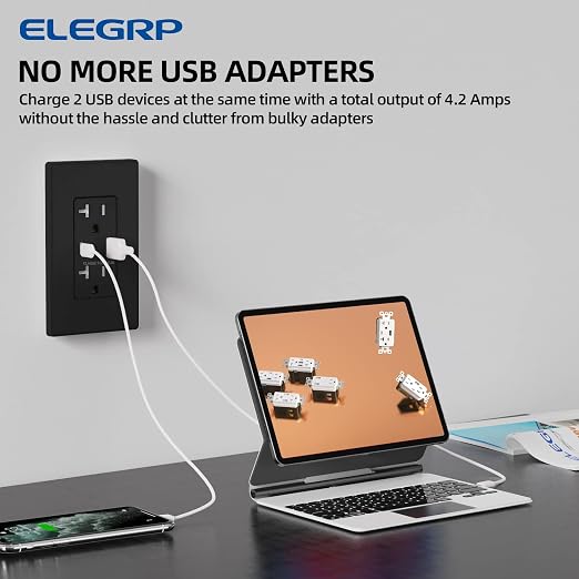 ELEGRP USB Charger Wall Outlet, USB A & C Ports, 20 Amp Duplex Tamper Resistant, NEMA 5-20R, Wall Plate Included, UL Listed, 30 Pack, Matte Black