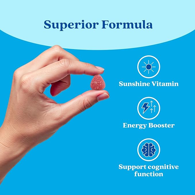 Gummies BeLive Vitamine D3 avec Vitamines B12 - 60 unités I Gommes de soutien immunitaire avec Vitamines B12 et D3 végétaliennes, pour des os et des muscles plus forts, la santé cardiaque et l'énergie - Saveur Fraise