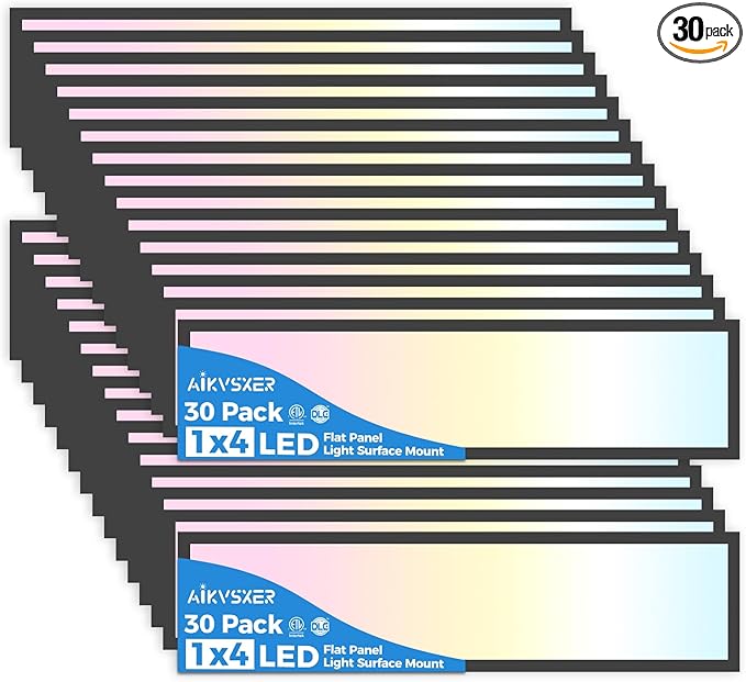 AIKVSXER 30PACK 1x4 LED Flat Panel Light Surface Mount LED Ceiling Light, 5500LM 50W TRIAC 10-100% Dimmable, 3000/4000/5000k AC120V Kitchen Lights Ceiling Flush Mount for Garage/Basement Black