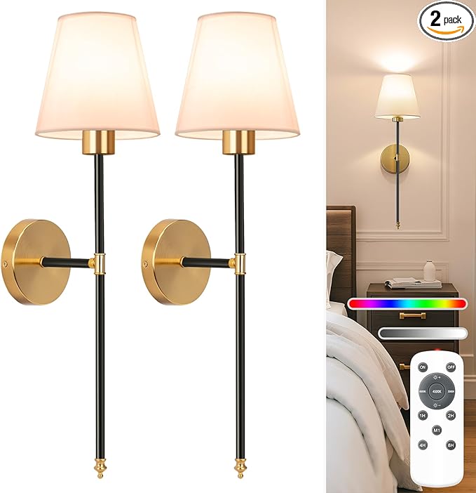 NIORSUN Battery Operated Wall Sconce Set of 2,Black-Gold Rechargeable Wall Lights with 10400mAh Dimmable Bulbs and Remote,10 Colors Wireless Wall Lamps for Bedroom Living Room Hallway Decor