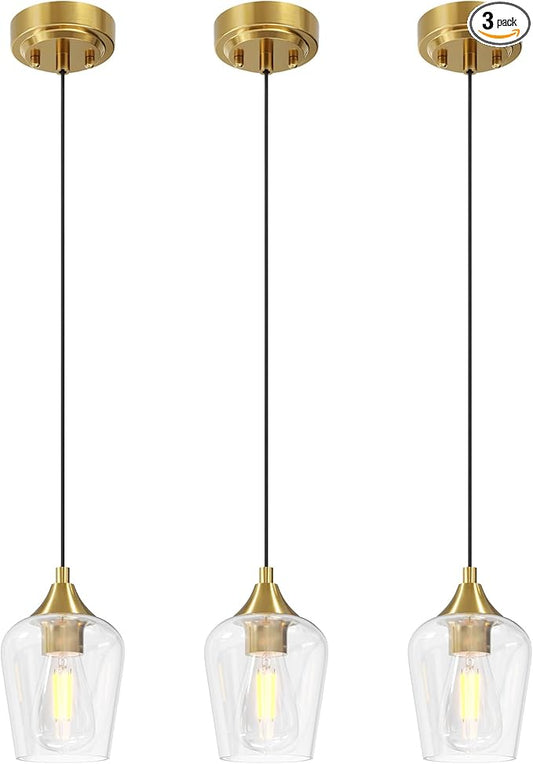 VONLUCE Pendant Lights Kitchen Island, Brushed Gold Pendant Light Fixtures with E26 Base & Adjustable Cable, Modern Pendant Lighting with Glass Shade for Living Room Bedroom Hallway, 3 Packs