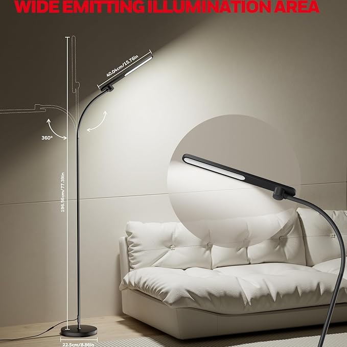 Honeywell LED Floor Lamp for Reading, CRI97 Full Spectrum Gooseneck Floor Lamp with Remote, Eye-Caring Dimmable Standing Task Light, 3 Color Temperatures, 77.5" Tall for Living Room Bedroom Office